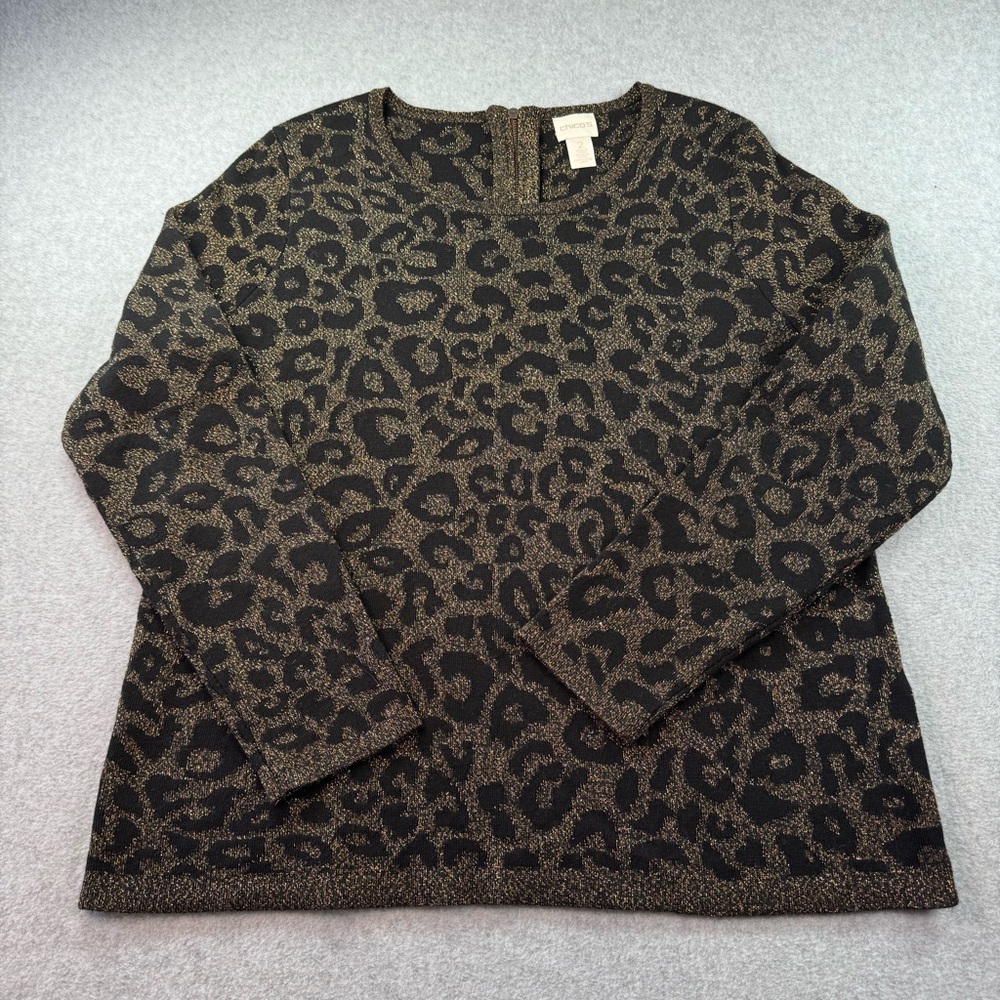 Chico's Metallic Animal Print Pullover Mindy‎ Sweater-Black Copper-SZ 2 Large